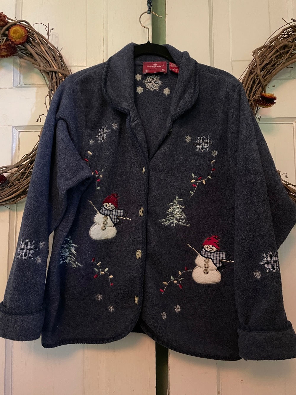 Holiday Lodge Embroidered Button Front Snowman Polar Fleece Women's Size L